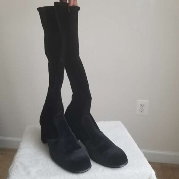 Below the Knee Black Velour Looking Pull Up Stretch Boots Size 11 Block Heel 3" - Picture 1 of 9